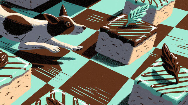 Dutch angle chocolate and teal mint dessert checkerboard with petit fours in comic art