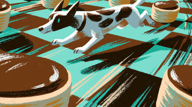 Versatile running dog with motion lines on teal chocolate petit four checkerboard art