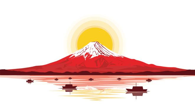 The intense red silhouette of a mountain range sits beneath a large yellow sun while small dark boats float across the calm water in this minimalist scene.