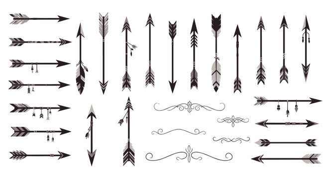 An assortment of black arrow designs with diverse feathered tails and intricate scroll flourishes is displayed against a clean neutral background for graphic use.