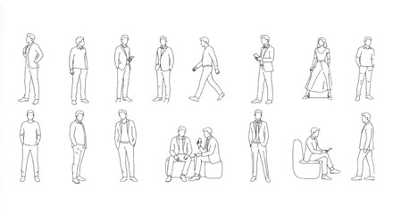 Plakat Minimalist architectural scale figures in line art style, set of 15 vector people outlines, black and white human silhouettes for floor plans