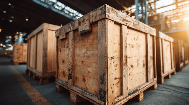 Wooden shipping crates on pallets in industrial warehouse storage