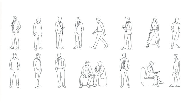 Minimalist architectural scale figures in line art style, set of 15 vector people outlines, black and white human silhouettes for floor plans