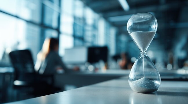 Hourglass on office desk with blurred person working in background