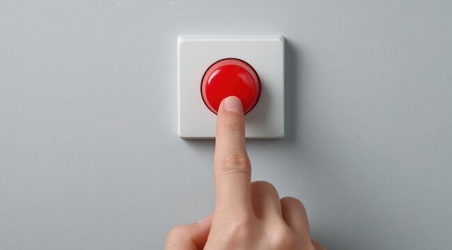 Hand finger pushing red round button on white plate