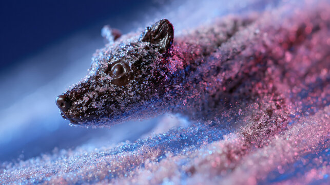 Dark chocolate dog at center of pink blue spun sugar candy storm in dramatic food art