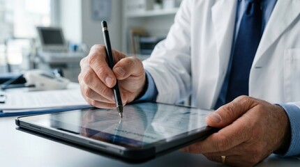 Fototapeta premium Doctor's Diagnostic Note: A skilled medical professional meticulously reviews patient data on a tablet, symbolizing the modern advancements in healthcare and detailed patient care.