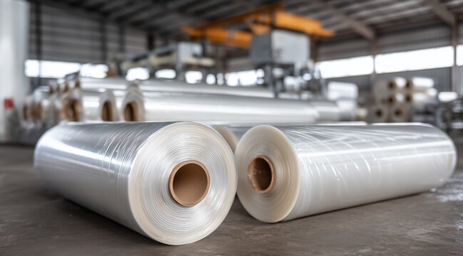 Transparent stretch wrap film rolls in industrial storage facility