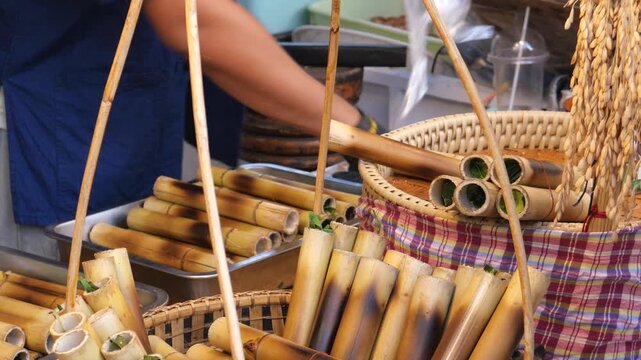Sweet sticky rice with coconut milk in bamboo joints (Khao Lam), Thailand&rsquo;s traditional snack