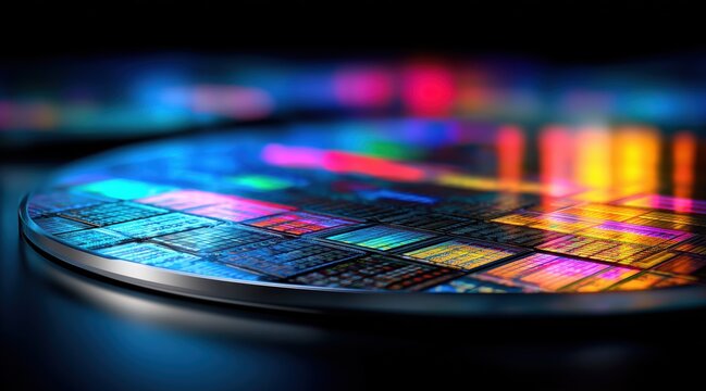 Macro view of silicon wafer with colorful light reflections on semiconductor surface