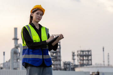 Obraz premium Petroleum refinery piping network system. Contain of pipes, valves, pumps, mechanisms deliver natural gas. Petrochemical female engineer inspecting, repair gas lines in natural gas separation plant
