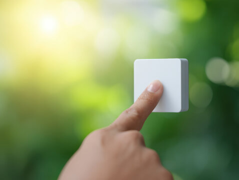 Finger pressing white smart home switch with blurred green nature background and sunlight shining through