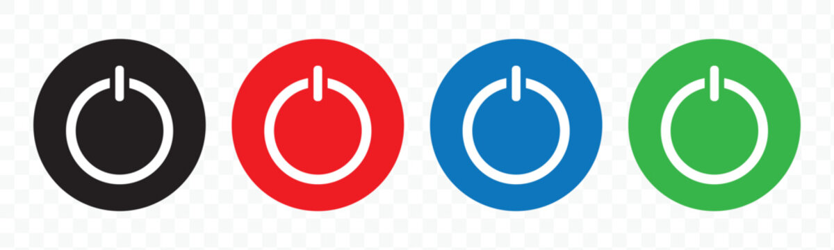 Power button icon set in black red blue and green colors for modern user interface and technology design