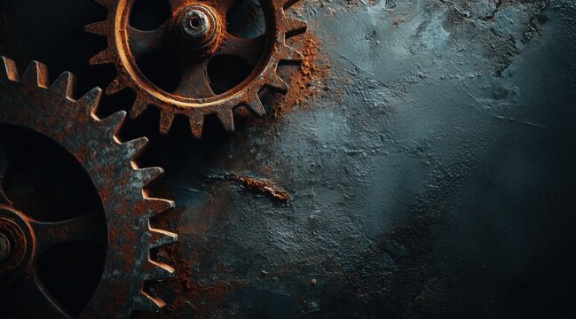 Close up of two rusty metal gears on dark textured surface