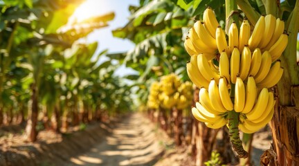 Naklejka premium Yellow banana bunch hanging on tree in tropical plantation