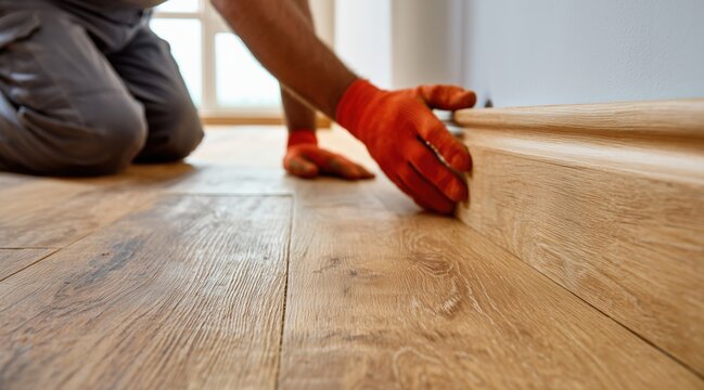 worker in orange gloves installing wooden baseboard on laminate flooring