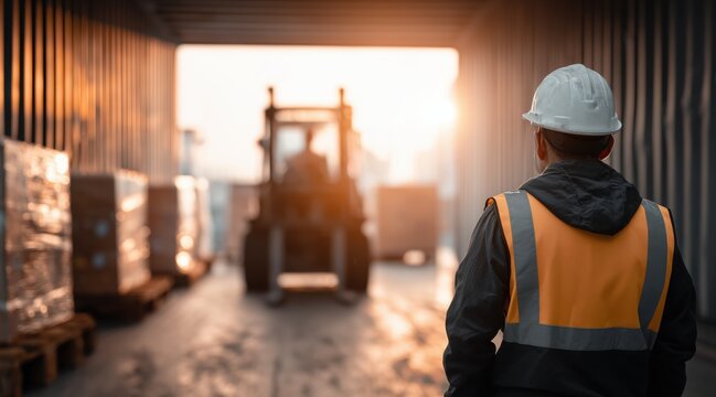 Logistic worker in safety vest and hard hat watching forklift in shipping container