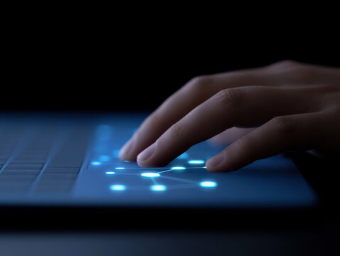 Close up of hand using laptop with glowing data node connection on touchpad in dark environment