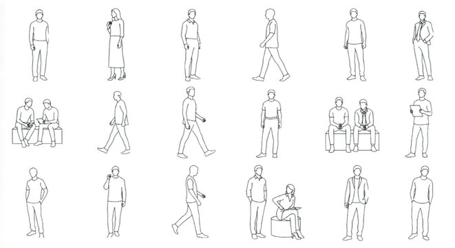 Minimalist architectural people sketches, 18 outline vector figures for scale, black and white line art of walking and sitting human silhouettes