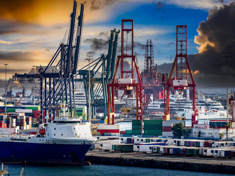 Container Terminal with Cargo Ship and Cranes in Las Palmas Harbor, Gran Canaria