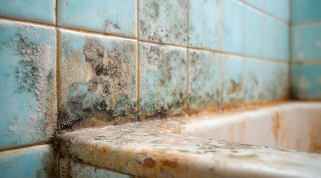 Mold and rust stains on old blue bathroom tiles and bathtub edge