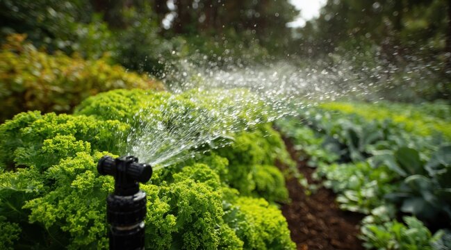 Water sprinkler irrigation system spraying fresh vegetables in garden
