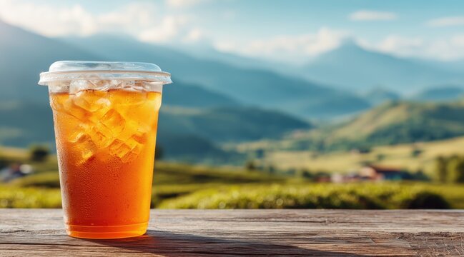 Plastic cup with iced tea on wooden table against mountain landscape