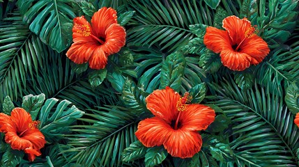 Fototapeta premium Vibrant red hibiscus flowers amidst lush green tropical palm leaves in a dense jungle pattern