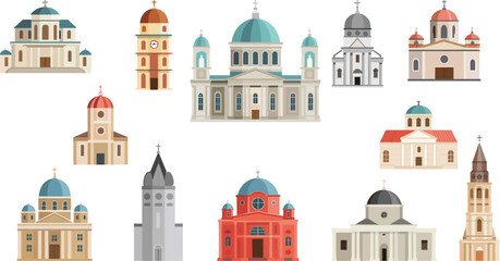 Church buildings icons set, religious architecture collection with domes and towers © Md
