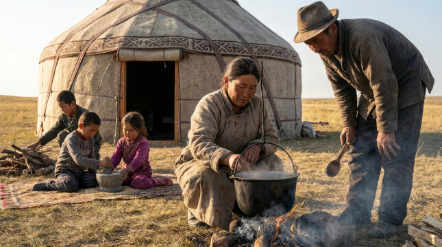Nomadic Family Cooking by Yurt on Steppe Grassland