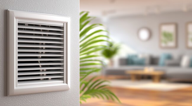 White ventilation grille on wall with blurred living room background