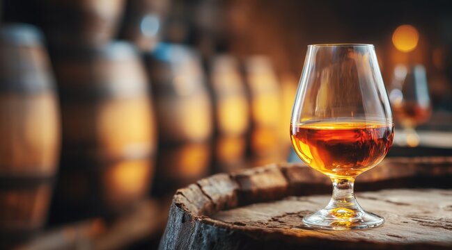 Glass of amber whiskey or brandy on top of wooden barrel in aging cellar