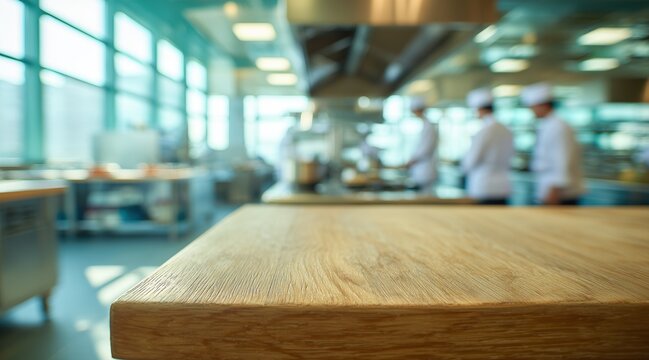 Wooden tabletop in front of blurred commercial kitchen with chefs working