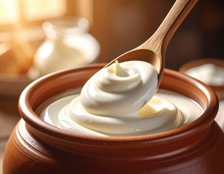 Fresh creamy yogurt or sour cream being gently scooped from a rustic brown earthenware pot with a wooden spoon in bright natural light ready for a healthy meal