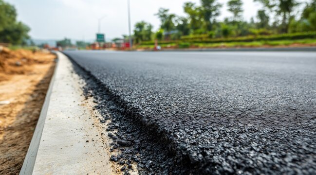 Freshly laid black asphalt road at construction site