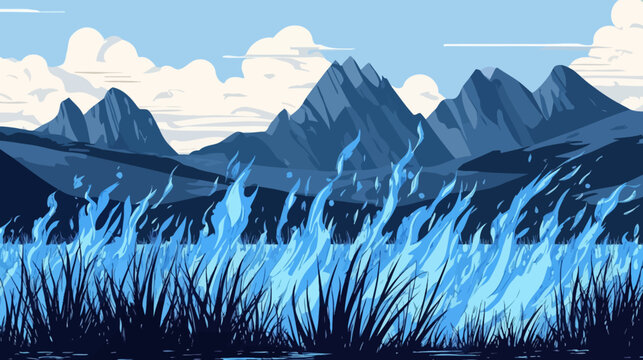 A stylized illustration features mountains, clouds, and blue flames over grass. A pixel art landscape