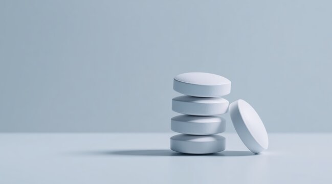 Stack of white round medicine tablets and single pill on light background