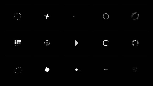 Collection of minimalist white loading animation icons and buffering spinners on black background