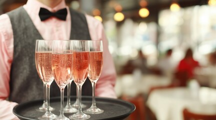 Obraz premium Waiter carrying tray with glasses of pink sparkling wine in restaurant