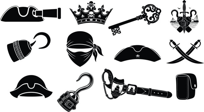 Black and white pirate-themed including swords, crown, bandana, and accessories