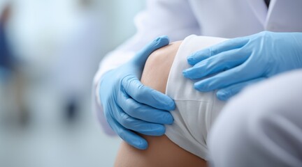 Fototapeta premium doctor hands in medical gloves examining patient knee with bandage