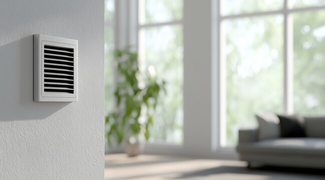 White plastic air vent on wall in modern living room interior