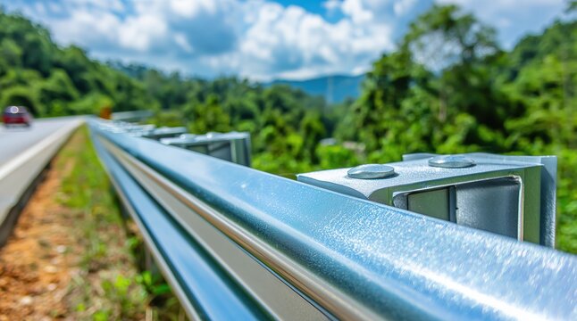 Metallic road barrier on roadside with lush green forest in background