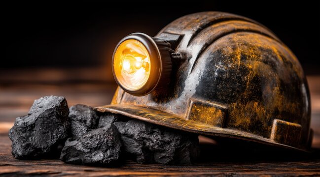 Old miner helmet with glowing lamp and coal chunks on wood