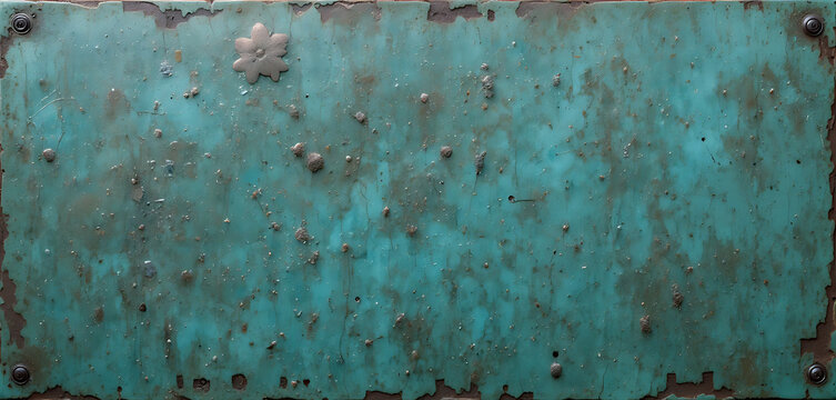 Weathered, turquoise-painted metal plate with rust spots and bolts weathered metal turquoise paint