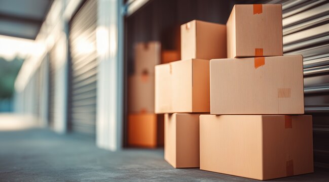 Stacked cardboard boxes in front of storage unit