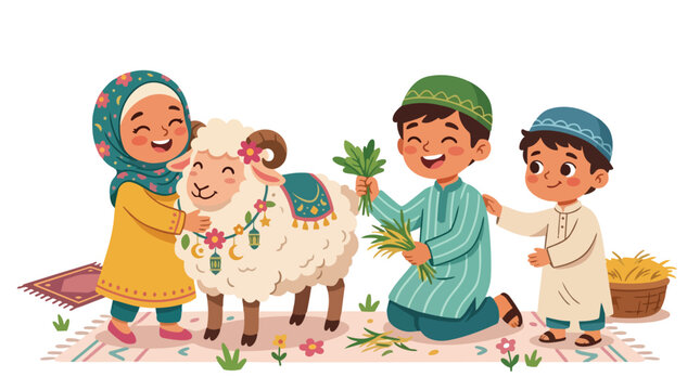 Happy Eid al-Adha Celebration with Children and Sheep Vector Illustration for Festive Greetings and Islamic Holiday Designs