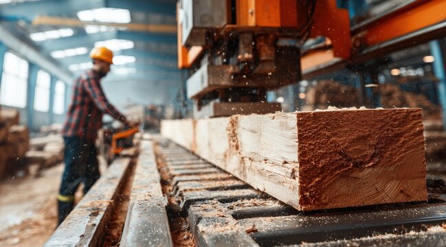 Industrial sawmill machine cutting large timber beam