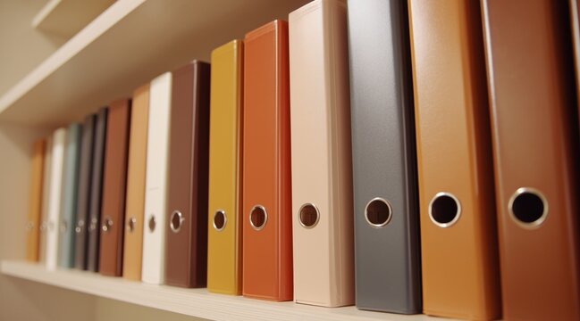 Colorful ring binders standing on shelf in office storage area