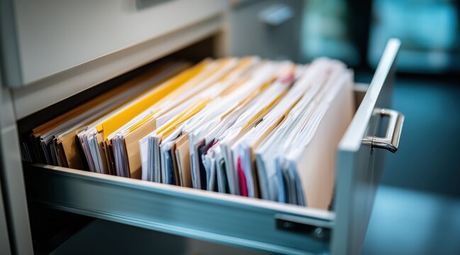 Filing cabinet drawer filled with office folders and documents